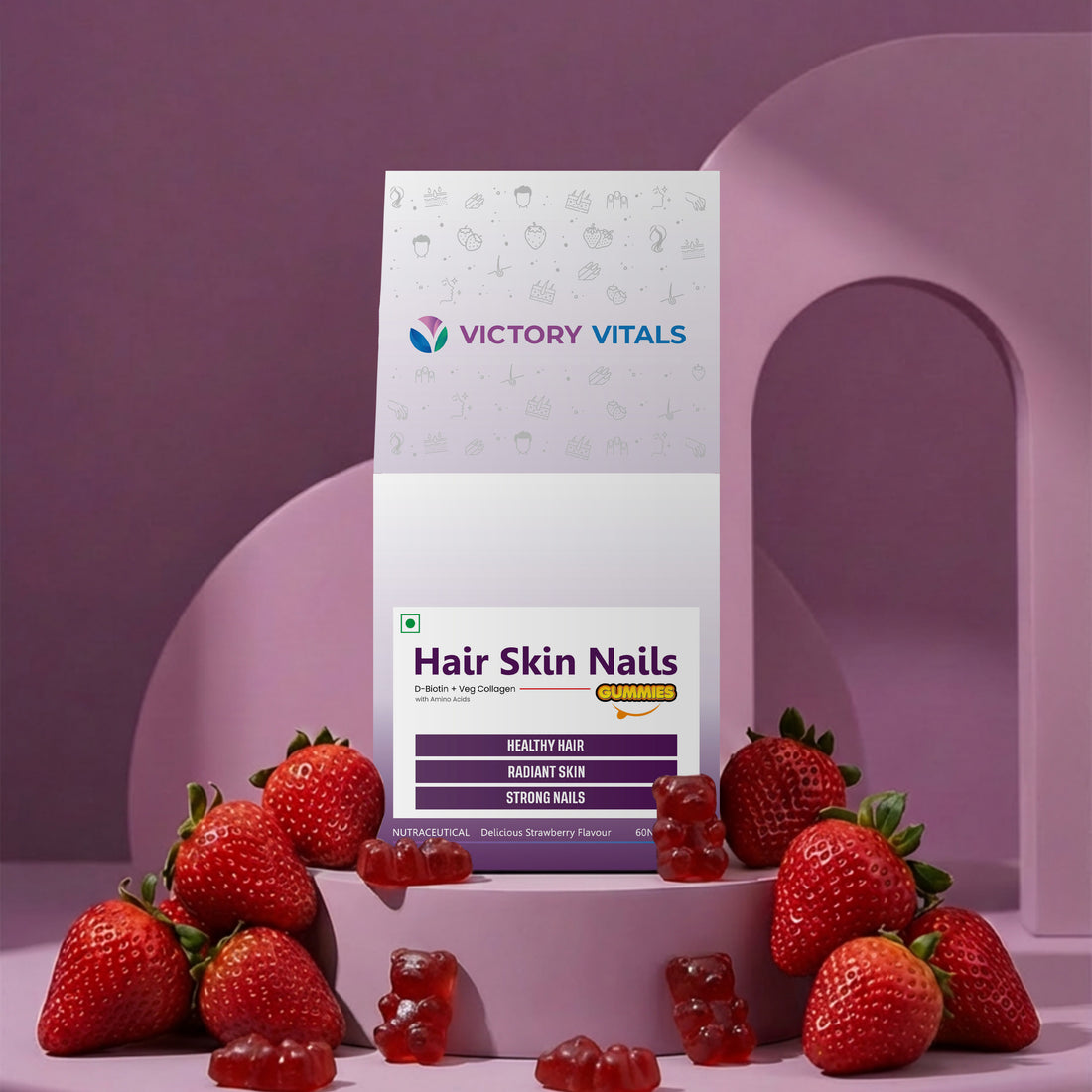 Hair, Skin & Nails Gummies | Strawberry Flavoured | Biotin, Collagen & Multivitamins