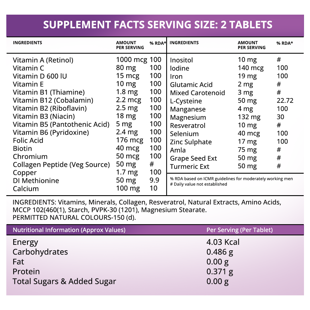 Multivitamins + Veg Collagen & Resveratrol | 90 Tablets | Hair, Skin & Nails Support